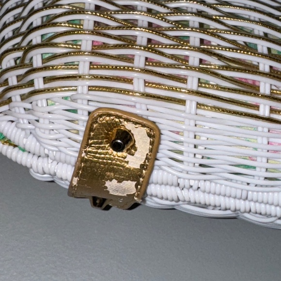 RARE Lilly Pulitzer Wicker Clam Style Handbag Purse White Gold - Picture 7 of 16